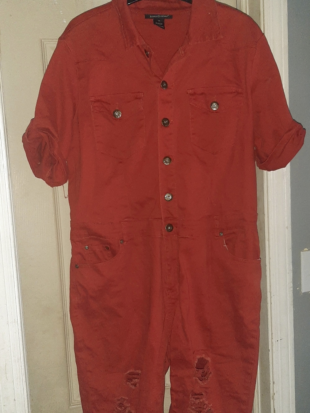 Ashley Stewart Rust Red Denim Distressed Jumpsuit Size 14/ 1X - Picture 3 of 3